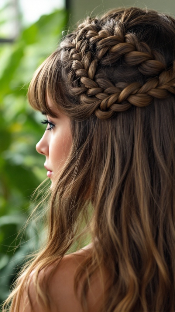A woman with braided bangs styled in a half-up hairstyle, showcasing flowing hair and a natural background.