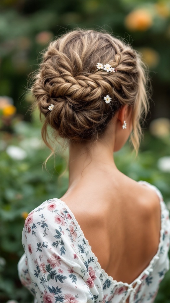 A braided bun hairstyle for short hair, adorned with small white flowers.