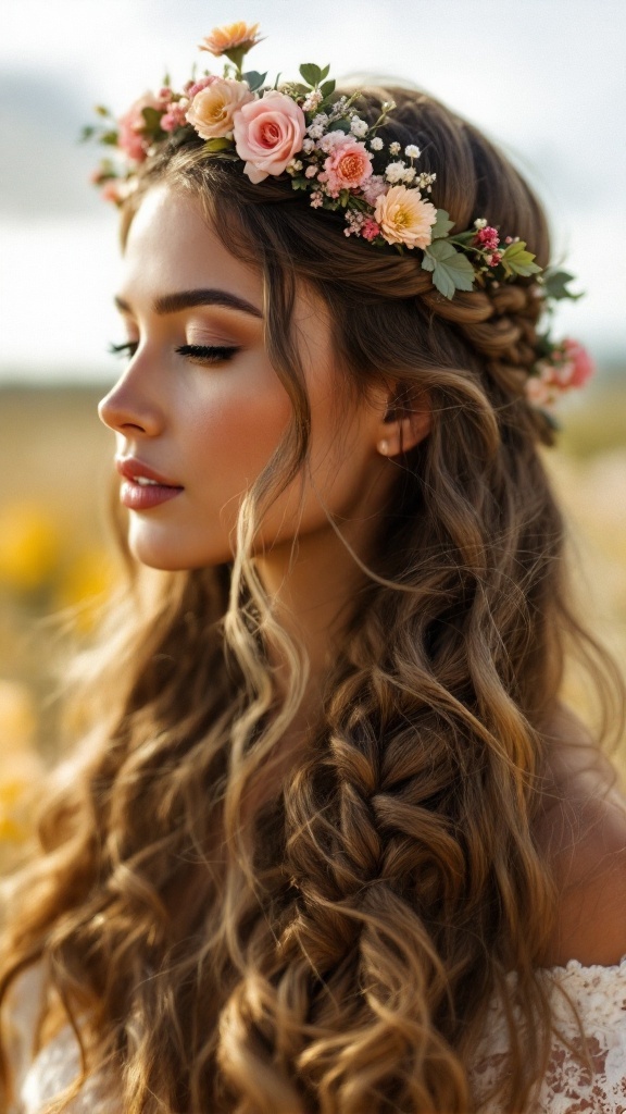 A woman with long, wavy hair styled in a braided crown with flowers.