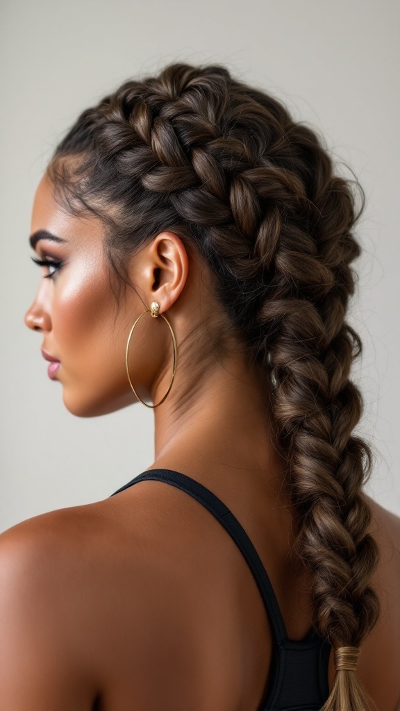 A close-up side view of a woman with a thick braided hairstyle.