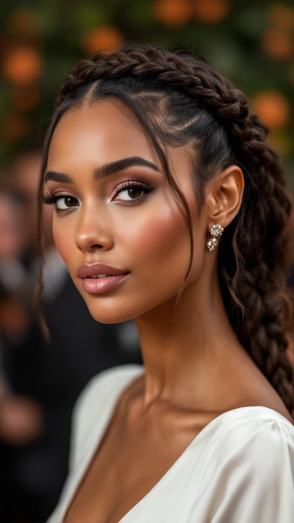 A close-up of a woman with a braided crown hairstyle, showcasing elegance and beauty.