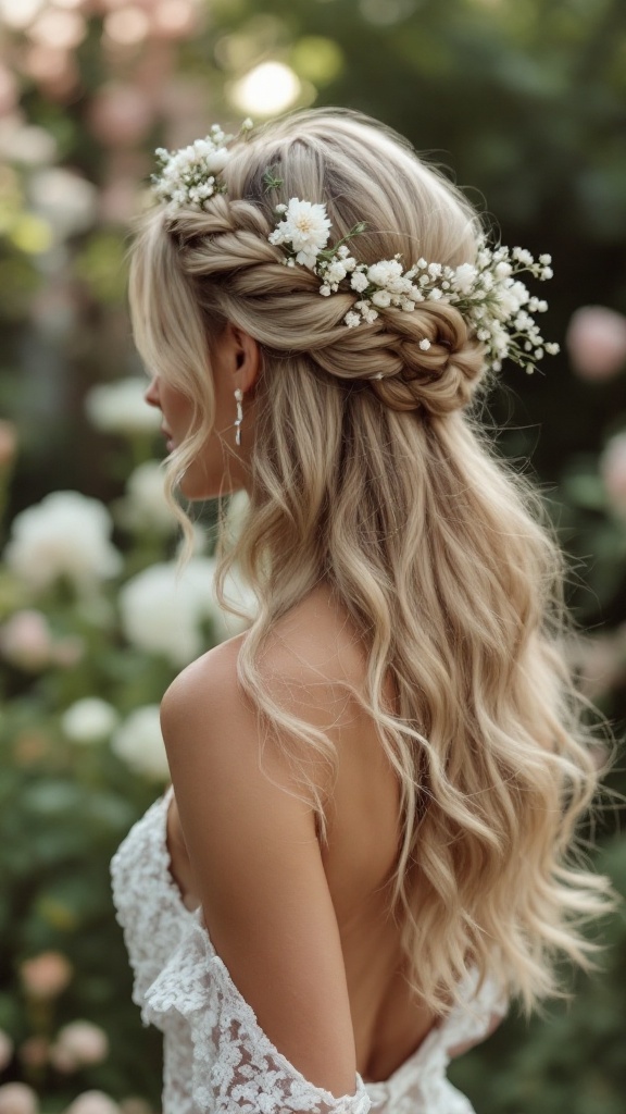 A woman with a braided crown hairstyle adorned with flowers, viewed from the back.