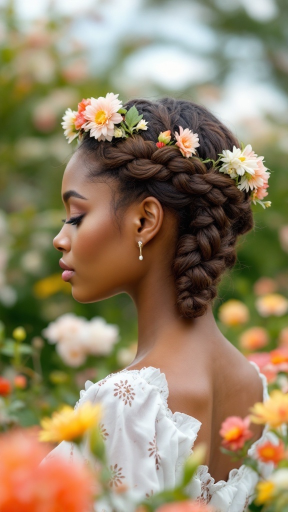 A woman with a braided crown hairstyle adorned with flowers, standing in a flower-filled garden.