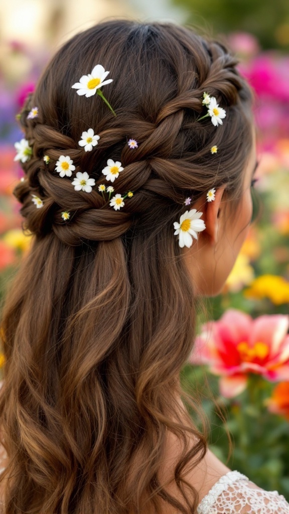 A braided crown hairstyle adorned with small white flowers set against a colorful floral background.