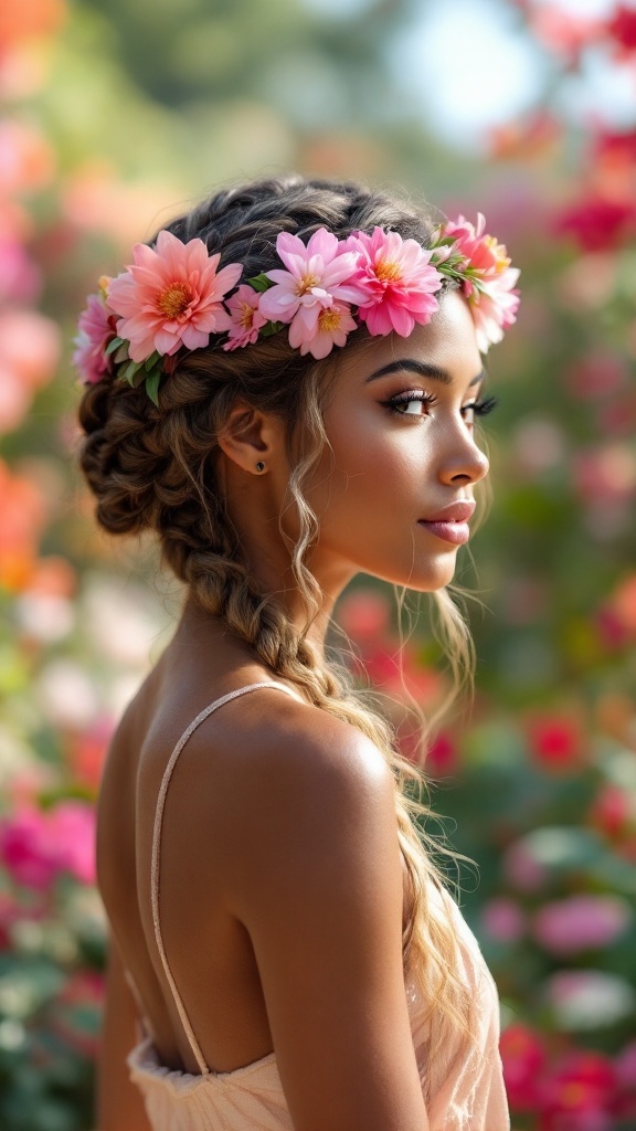 A young woman with a braided crown hairstyle adorned with pink flowers, surrounded by a vibrant floral background.