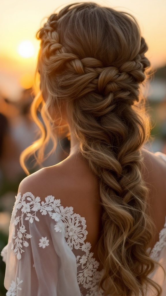 A woman with a braided crown hairstyle and half down wavy hair, showcasing elegance and style.