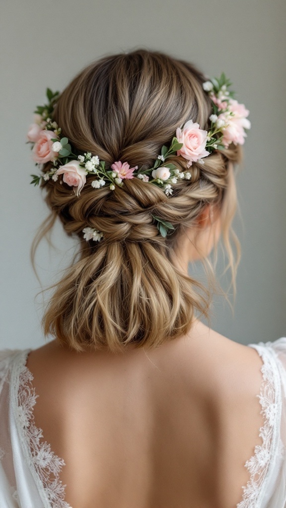 A hairstyle featuring a braided crown with flowers, styled half up and half down.