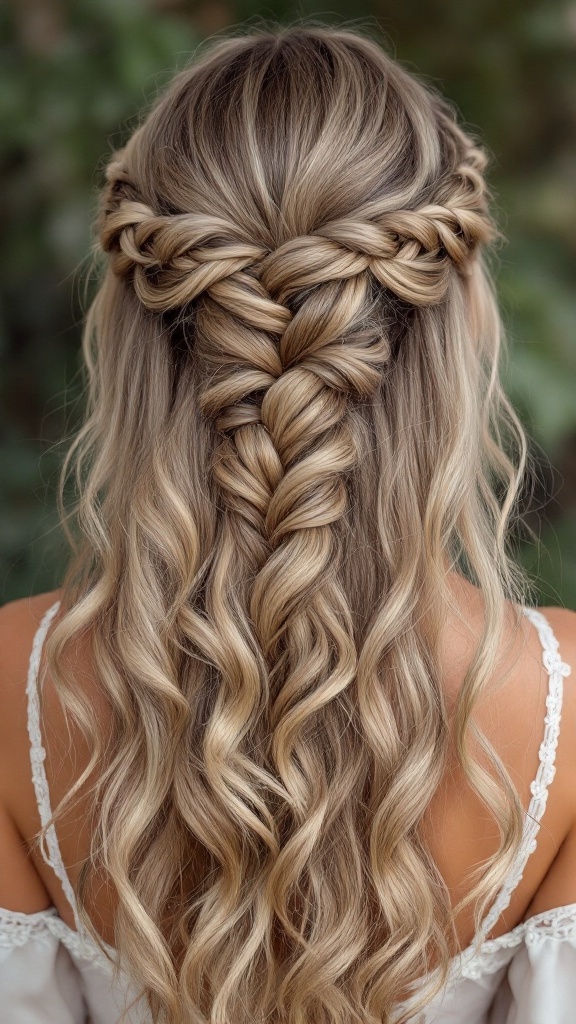 A hairstyle featuring a braided crown and loose curls, perfect for bridesmaids.