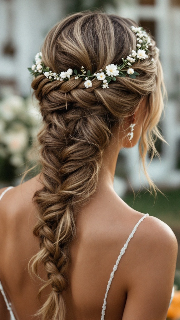 Braided crown hairstyle with flowers and side sweep