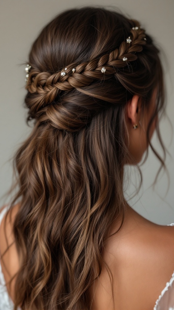A beautiful braided crown hairstyle with soft tendrils, adorned with delicate hairpins.