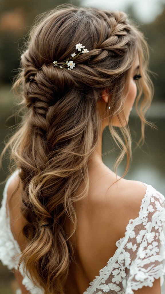 A woman with a braided crown hairstyle adorned with flowers and soft waves