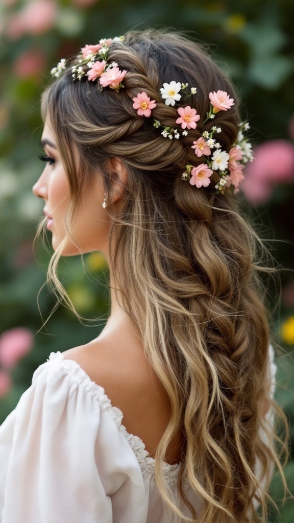 A woman with long hair styled in a braided half-up crown adorned with flowers.