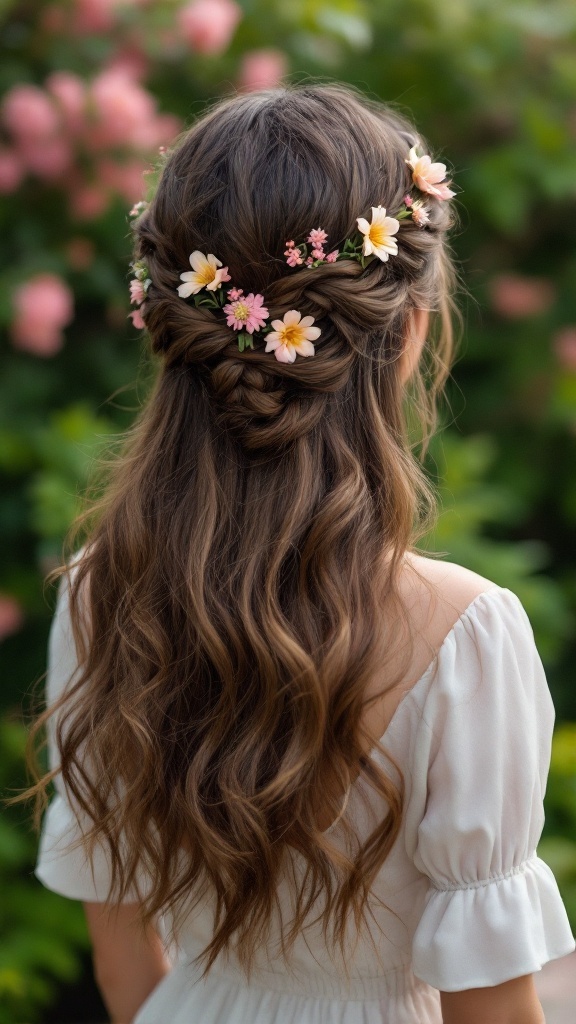 A young woman with long hair styled in a braided half-up style, adorned with small flowers.