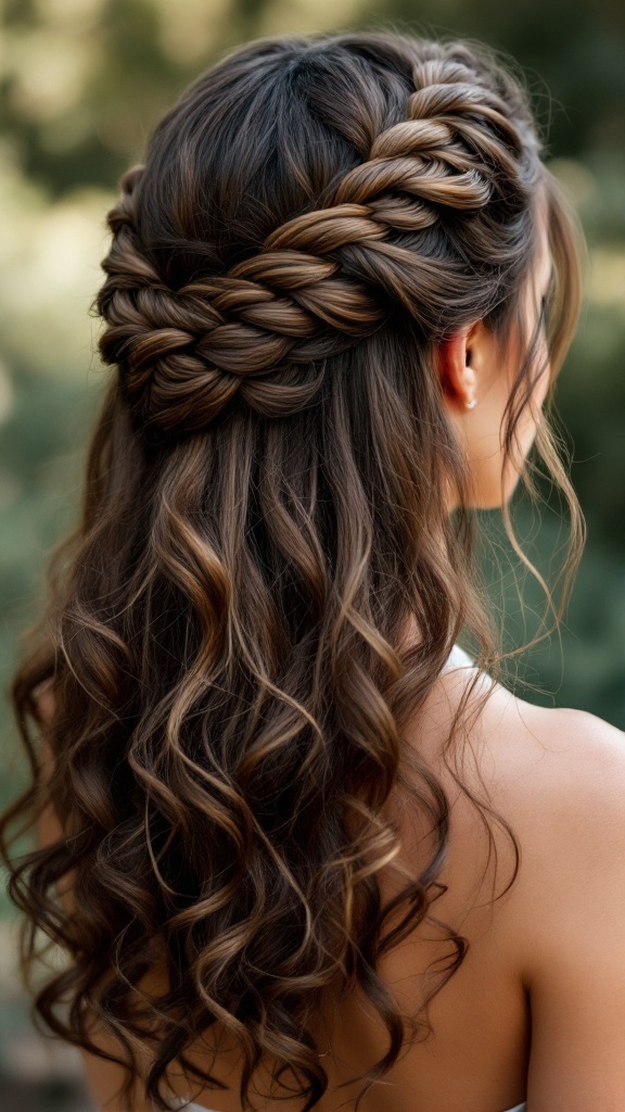 A beautiful braided half-up hairstyle for curly hair, featuring intricate braids and flowing curls.