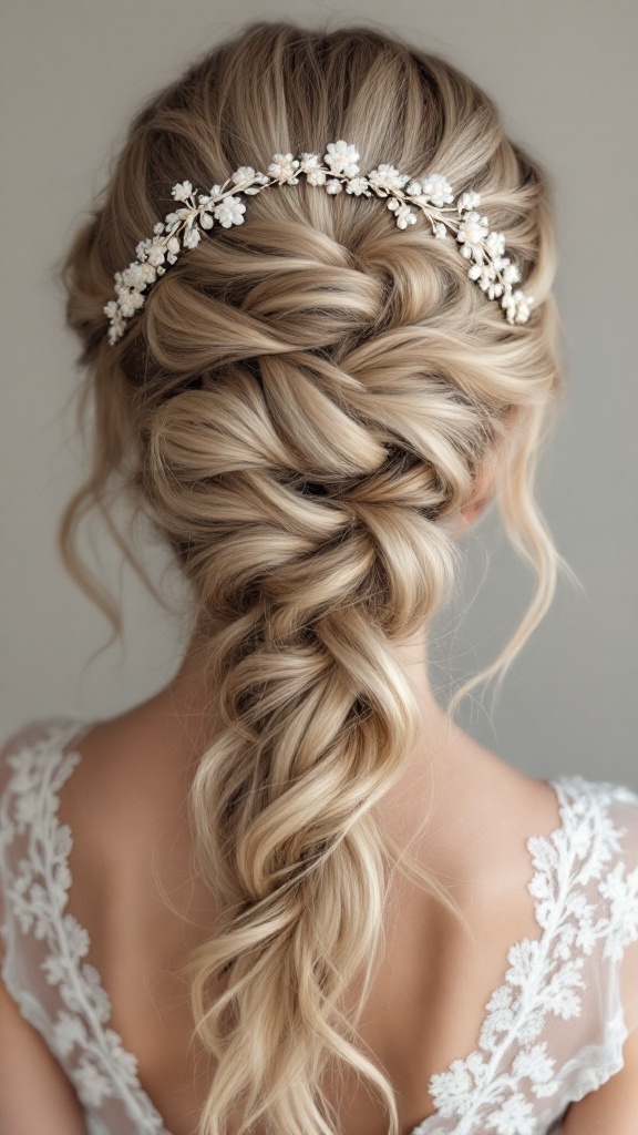 A beautiful braided halo hairstyle with delicate beaded details, perfect for bridesmaids.