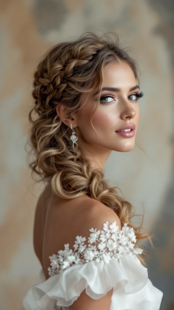 A bride with a braided halo hairstyle and loose curls, adorned with delicate earrings.