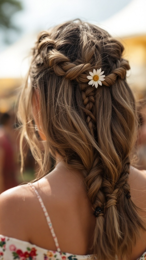 A woman with a braided long bob hairstyle, featuring intricate braids and a daisy accessory.