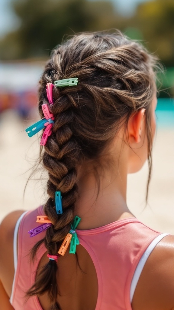 A girl with braided pigtails decorated with colorful clips, showcasing a sporty hairstyle perfect for volleyball.