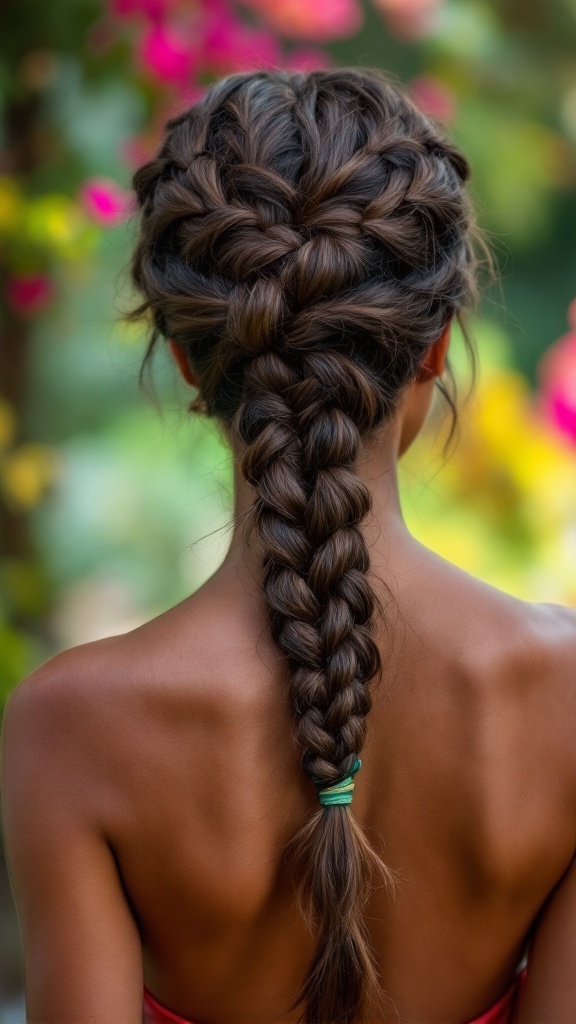 Braided ponytail with a hair wrap, showcasing a stylish and elegant look.