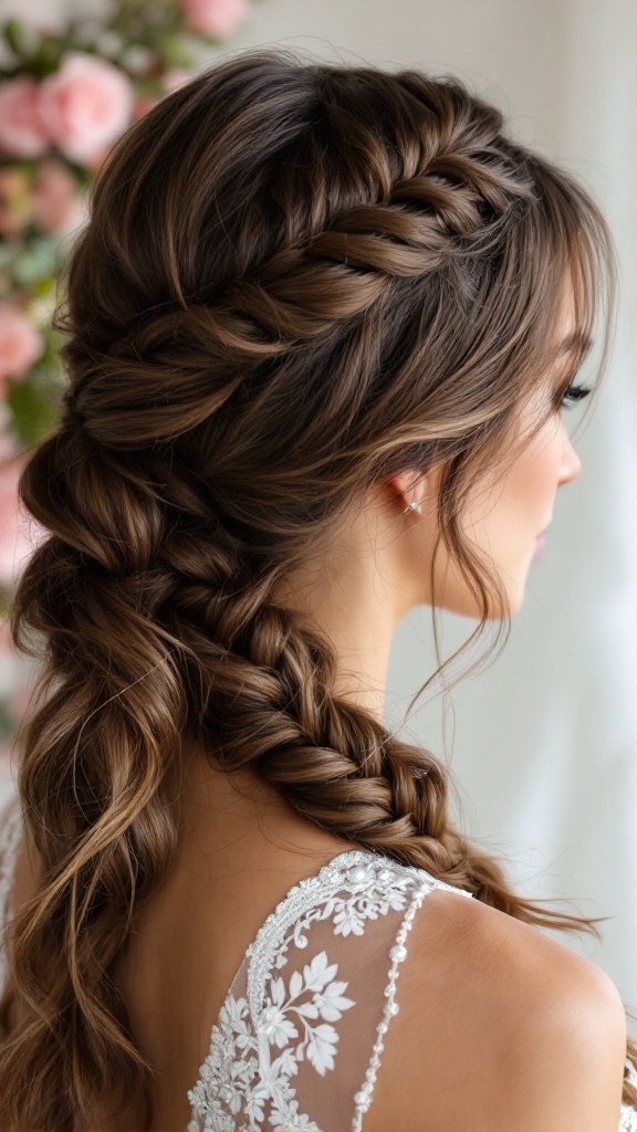 A woman with a braided side ponytail hairstyle, showcasing fine hair with soft waves.