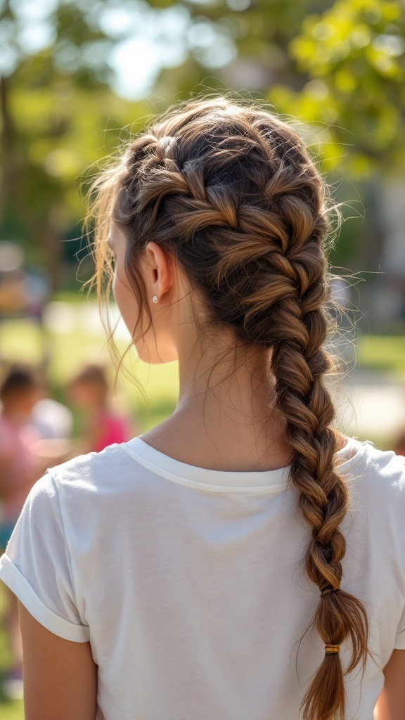 A young girl with a braided side ponytail, showcasing a stylish hairstyle for medium-length hair.
