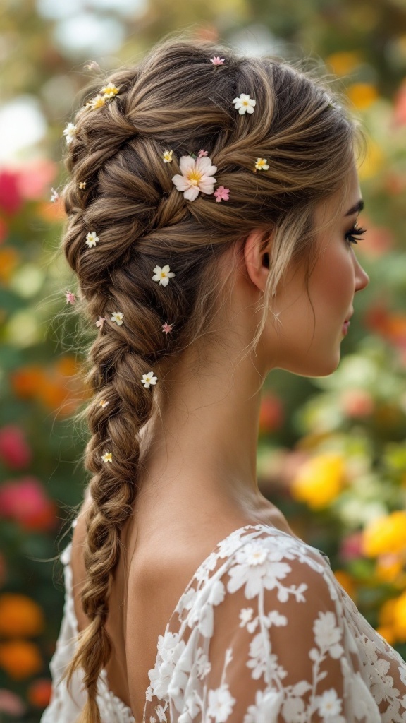 A woman with a braided updo adorned with small floral accents, showcasing a natural hairstyle.