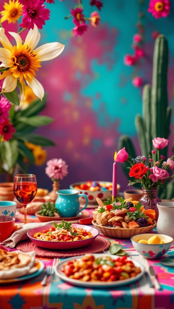Vibrant table setting for a bridal shower fiesta with colorful flowers, delicious food, and festive decorations.