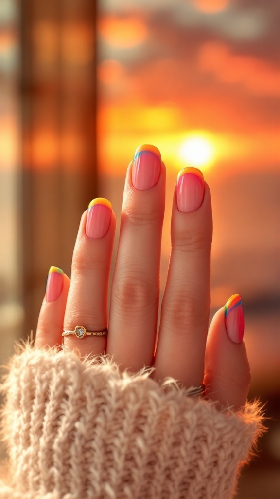 A hand with bright rainbow-tipped nails, wearing a cozy sweater, against a sunset backdrop.