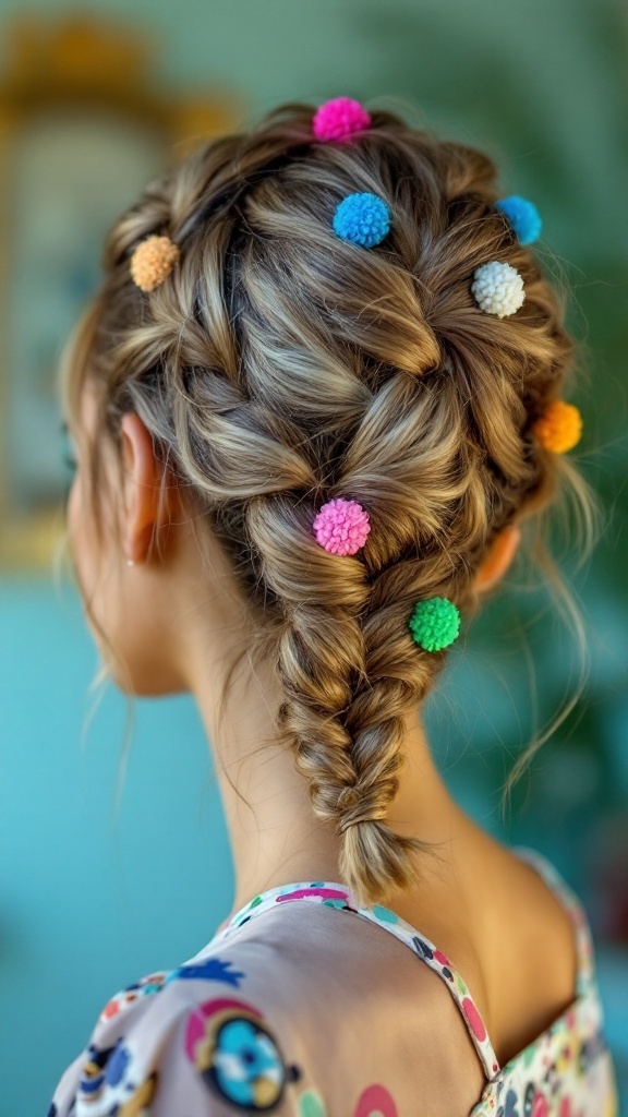 A beautiful bubble braid updo hairstyle with colorful pom-poms for long hair.
