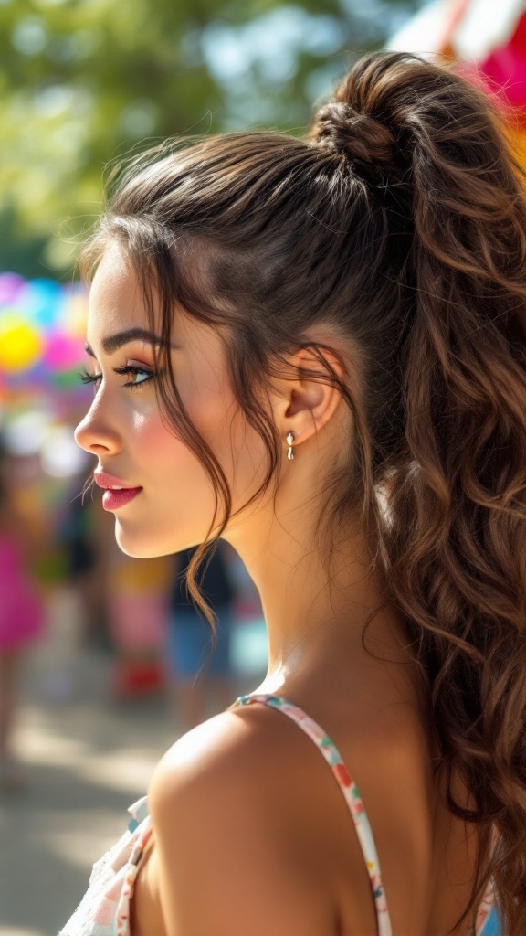 A young woman wearing a bubble ponytail hairstyle, with a sunny background.