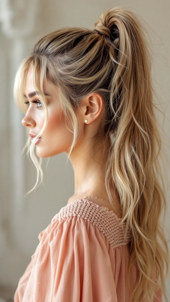 A woman with a bubble ponytail hairstyle, showcasing soft waves and a playful yet elegant look.