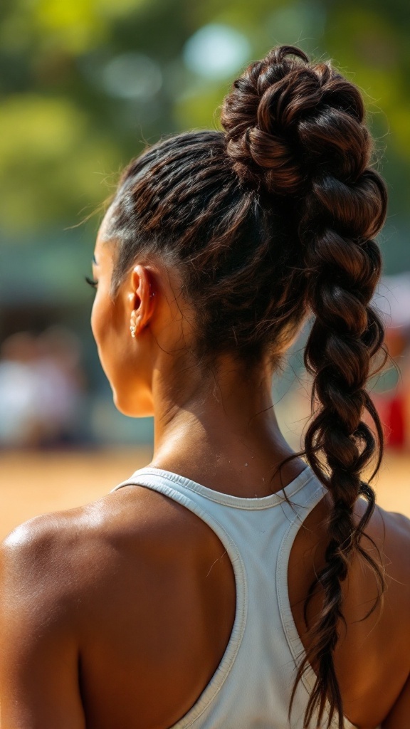 A stylish bubble ponytail hairstyle, with sections tied for a textured look, perfect for volleyball.