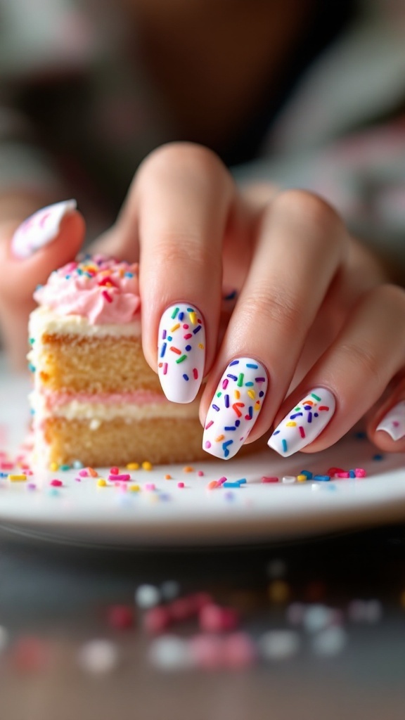Nail design featuring colorful sprinkles on a white base, with a cake slice in the background.