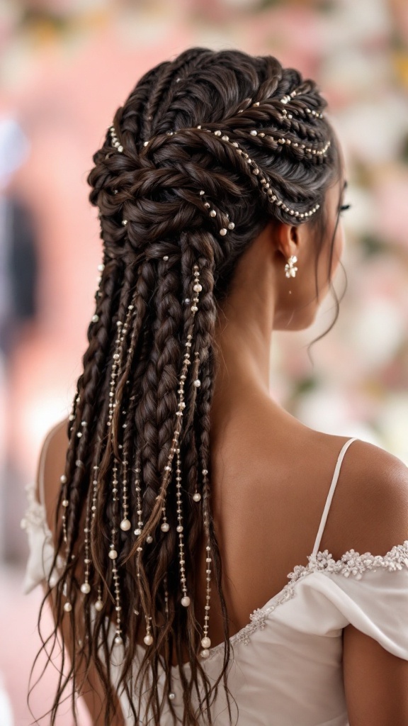 A close-up of a woman's back showing cascading braids adorned with beads, styled for a wedding.