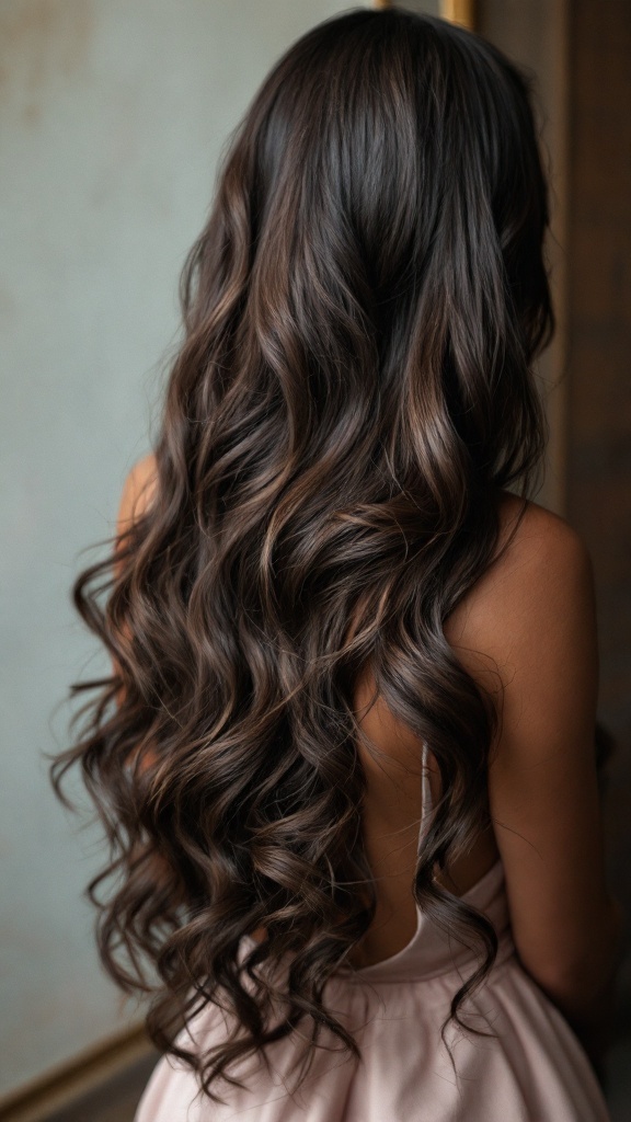 Long hair styled in cascading curls with a deep side part