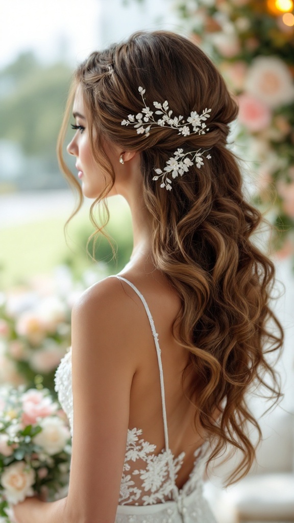 A bride with cascading curls styled with floral hairpins