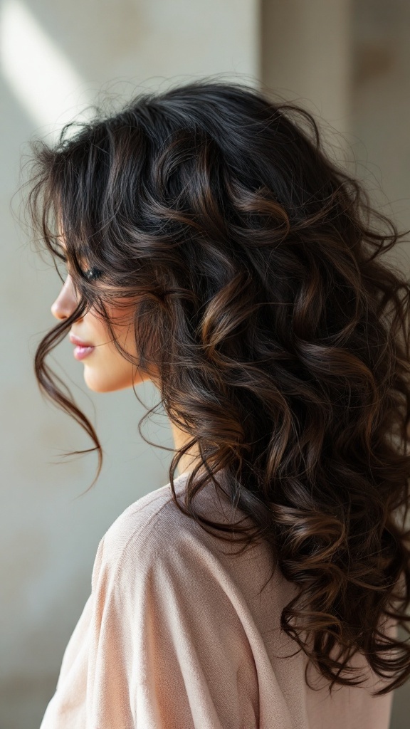 A woman with cascading curls styled on medium hair, highlighting volume and shine.
