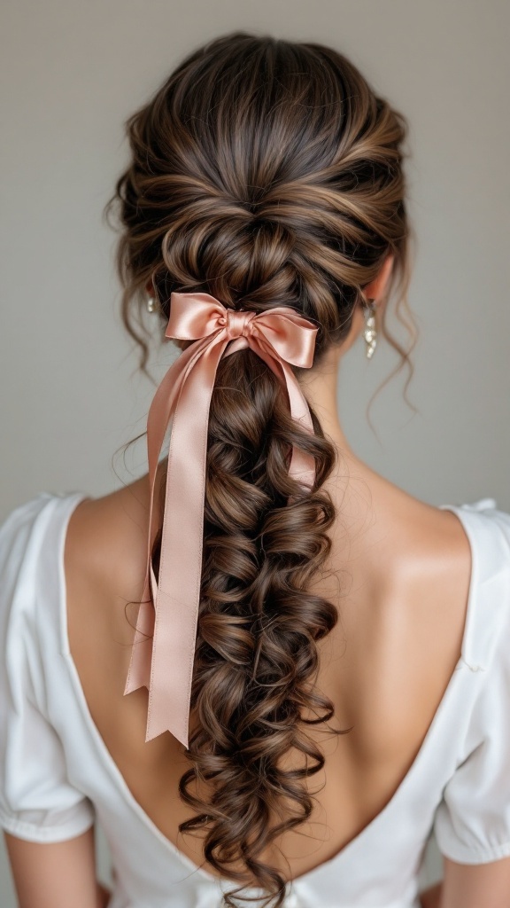 A cascading curly ponytail with a pink ribbon.
