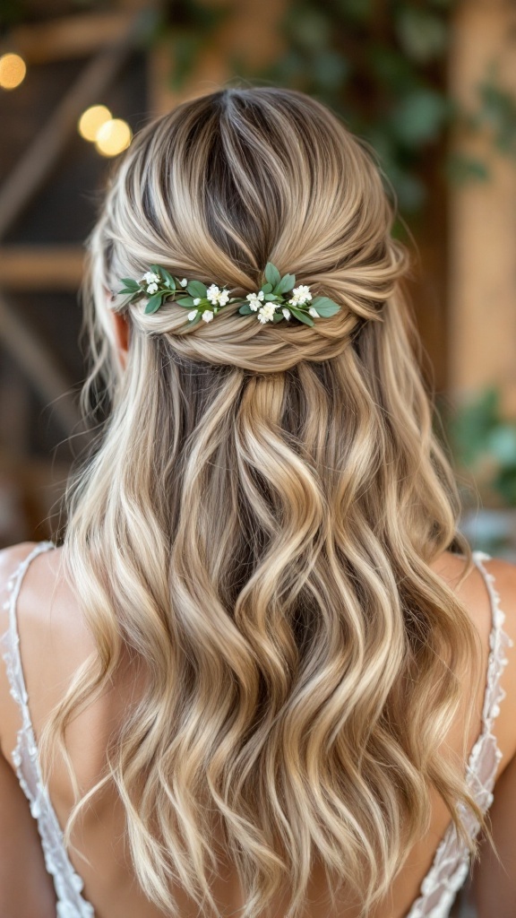 A romantic cascading half-up hairstyle with loose strands and floral accents.