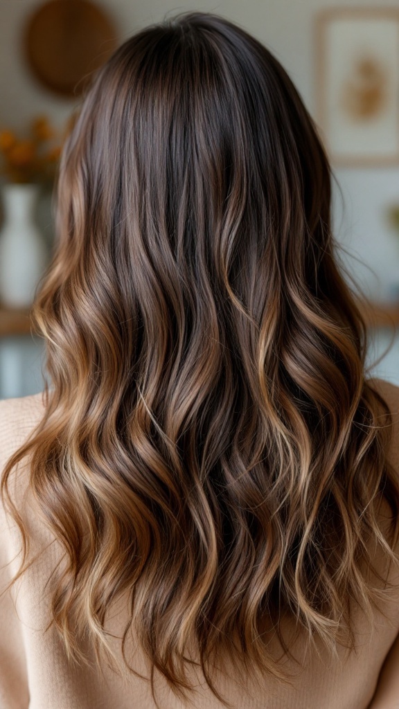 Back view of long hair styled in cascading loose waves, showing a blend of brown shades.