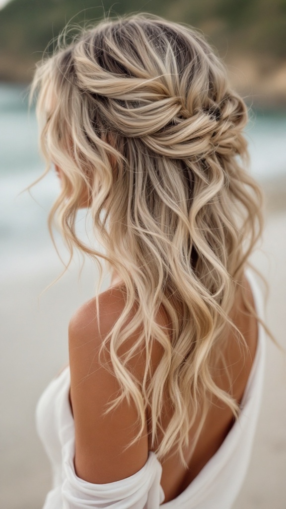 A bride's maid hairstyle featuring casual beachy waves styled half-up, half-down, perfect for a beach wedding.