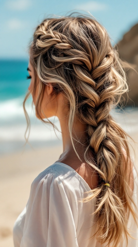 Woman with a half up braid and beachy waves by the ocean