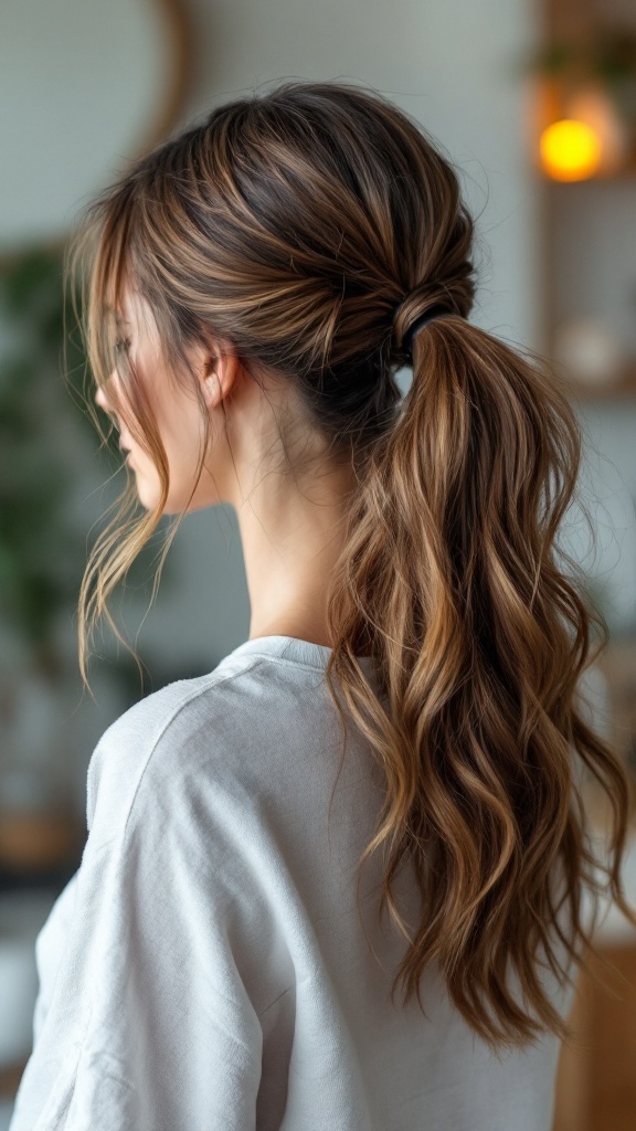 Casual half up half down ponytail hairstyle with loose waves