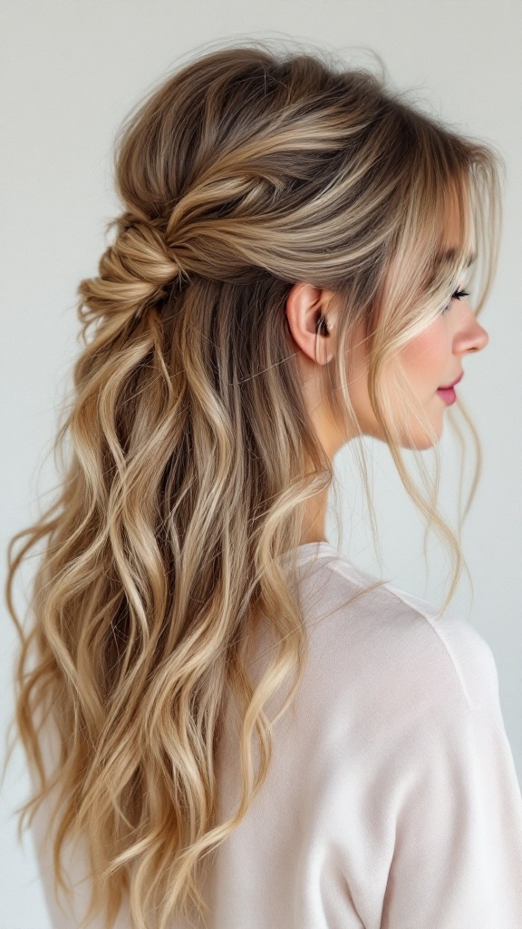A woman with blonde hair styled in a half up half down hairstyle with beachy waves.