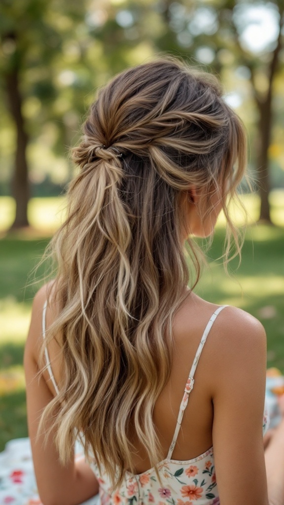 A woman with side part half up half down hairstyle, showcasing soft waves and a casual outfit.