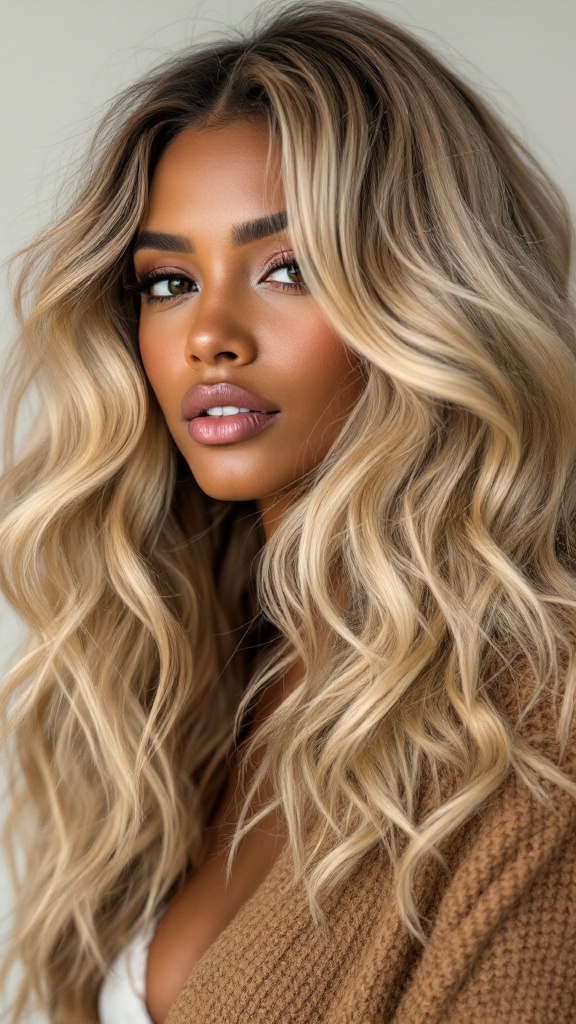 Stunning honey blonde layered hairstyle on dark skin