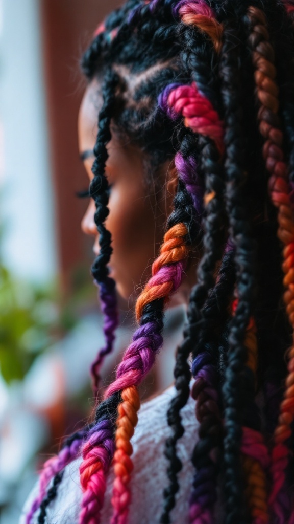 A close-up of colorful crochet braids featuring vibrant orange, pink, and purple highlights.