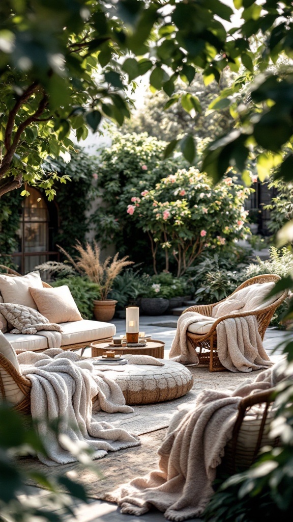 Cozy garden lounge set up with soft seating, blankets, and greenery.
