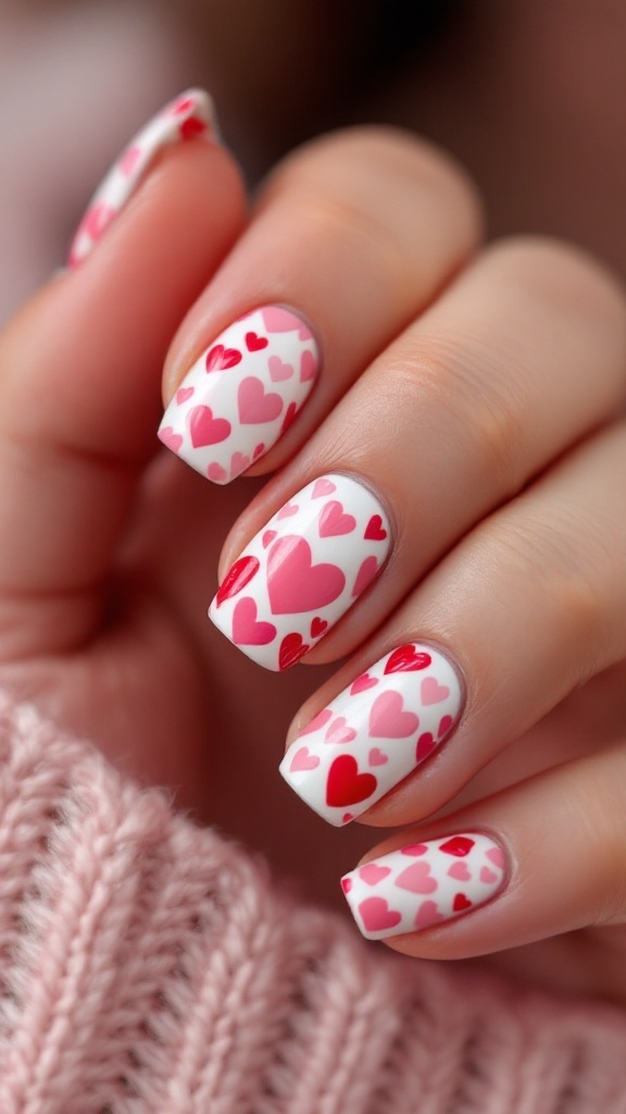 A hand with nails painted in charming heart patterns, featuring pink and red hearts on a white background.