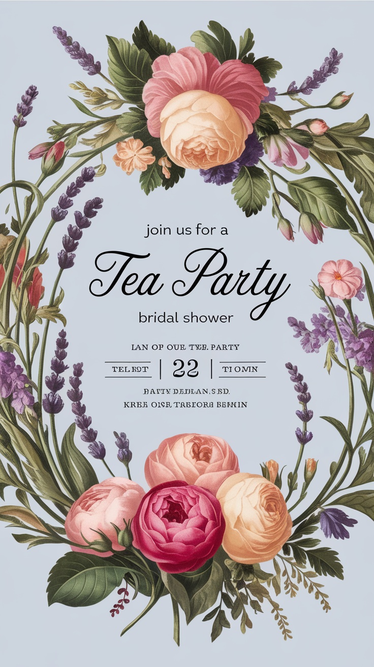 Floral bridal shower invitation design with pink flowers and elegant text